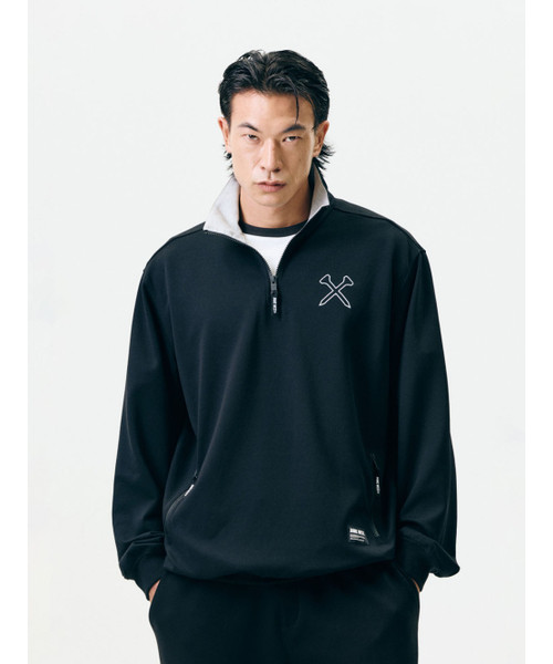 セール】ハイネックハーフジップポケットスウェット（ブラック