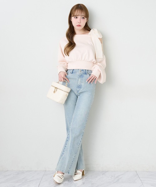 one after another NICE CLAUP（ワンアフターアナザーナイスクラップ）の「肩リボンワンショルトップス（Tシャツ/カットソー・レディース・チャコールグレー/アイボリー/ピンク/ネイビー・FREE）」の5枚目の写真