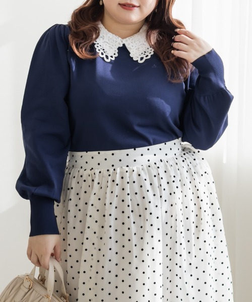 CLETTE(クレット)の「CLETTEオリジナルレイヤーレース襟ニットプルオーバー(ニット/セーター・レディース・ピンク/ブラック/ネイビー・4L/3L/LL)」の2枚目の写真
