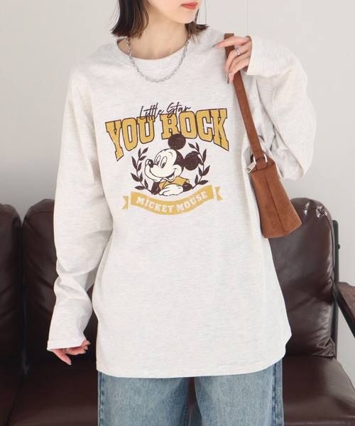 Disney(ディズニー)の「【Disney/ディズニー】ミッキーマウス カレッジロゴ アソートプリント 天竺ロンT(Tシャツ/カットソー・レディース・ベージュ/オートミール/カーキ/杢グレー・M/L)」の5枚目の写真