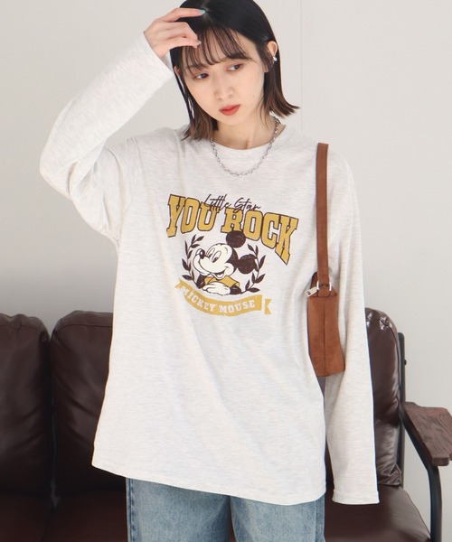 Disney(ディズニー)の「【Disney/ディズニー】ミッキーマウス カレッジロゴ アソートプリント 天竺ロンT(Tシャツ/カットソー・レディース・ベージュ/オートミール/カーキ/杢グレー・M/L)」の6枚目の写真