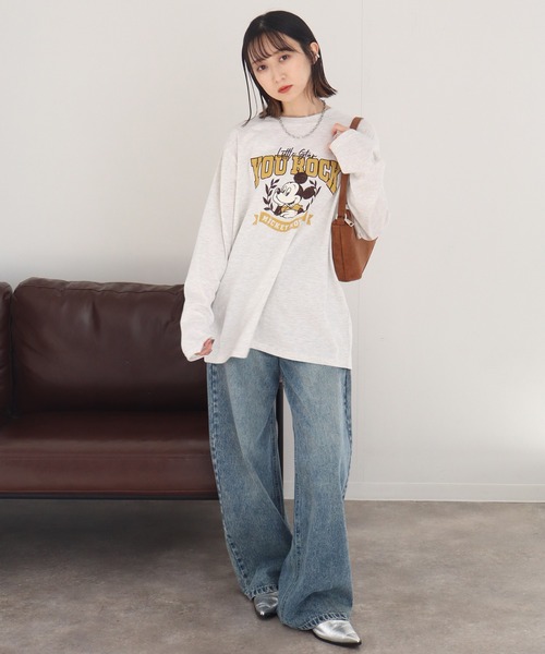 Disney(ディズニー)の「【Disney/ディズニー】ミッキーマウス カレッジロゴ アソートプリント 天竺ロンT(Tシャツ/カットソー・レディース・ベージュ/オートミール/カーキ/杢グレー・M/L)」の7枚目の写真