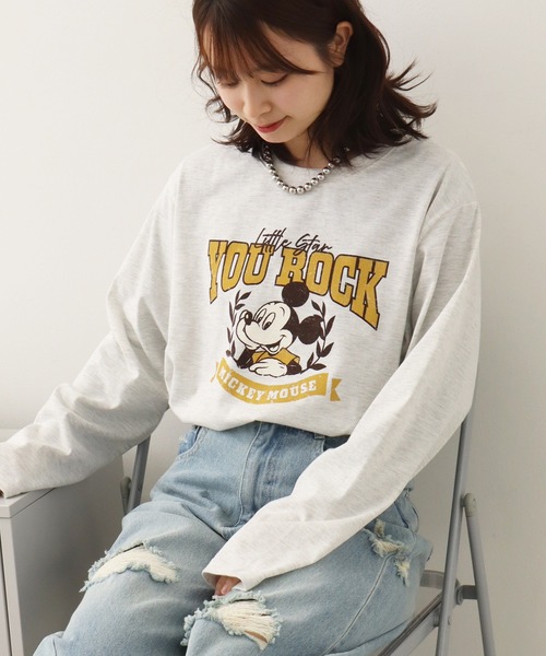 Disney(ディズニー)の「【Disney/ディズニー】ミッキーマウス カレッジロゴ アソートプリント 天竺ロンT(Tシャツ/カットソー・レディース・ベージュ/オートミール/カーキ/杢グレー・M/L)」の9枚目の写真