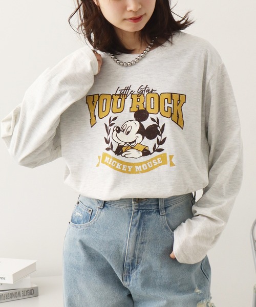 Disney(ディズニー)の「【Disney/ディズニー】ミッキーマウス カレッジロゴ アソートプリント 天竺ロンT(Tシャツ/カットソー・レディース・ベージュ/オートミール/カーキ/杢グレー・M/L)」の8枚目の写真