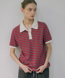 A3481 ストライプピケTシャツ_Red/Navy