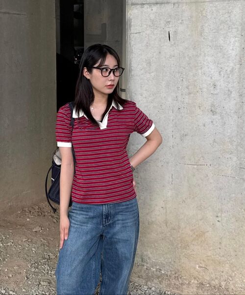 VANONE ATELIER（バノンアトリエ）の「A3481 ストライプピケTシャツ_Red/Navy（ポロシャツ・レディース・その他・FREE）」の3枚目の写真