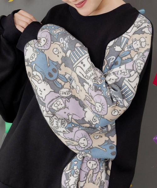 ScoLar Parity(スカラーパリティ)の「353145:Parityキャラ総柄 裏起毛波模様切替プルオーバー(Tシャツ/カットソー・レディース・ブラック/オートミール/ブルー・M)」の11枚目の写真