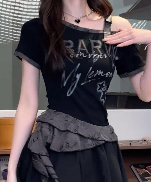 lilful(リルフル)の「【26年春夏新作】Y2K クラッシュ加工 アシンメトリーワンショルトップス(Tシャツ/カットソー・レディース・ブラック・F)」の20枚目の写真