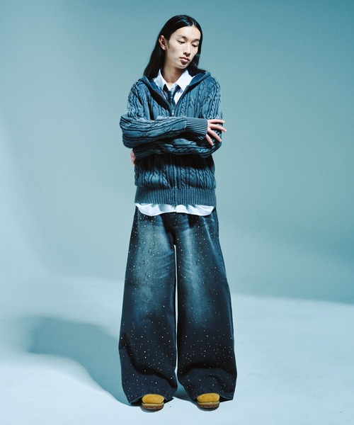 Camphor wood（カンファーウッド）の「WIDE BAGGY RHINESTONE DENIM / ワイドバギーラインストーンデニム（デニムパンツ・メンズ・インディゴブルー/ブラック・SMALL/MEDIUM/LARGE）」の3枚目の写真