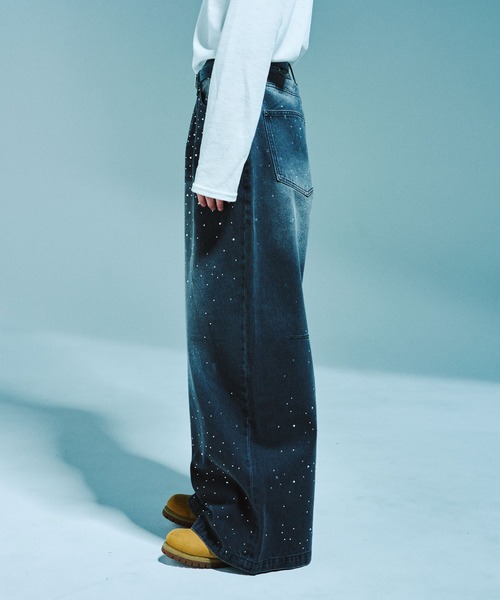Camphor wood（カンファーウッド）の「WIDE BAGGY RHINESTONE DENIM / ワイドバギーラインストーンデニム（デニムパンツ・メンズ・インディゴブルー/ブラック・SMALL/MEDIUM/LARGE）」の7枚目の写真