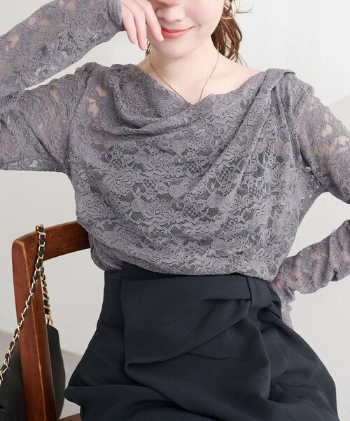 natural couture（ナチュラルクチュール）の「ドレープレースプルオーバー（Tシャツ/カットソー・レディース・チャコールグレー/オフホワイト/ブラック・FREE）」の3枚目の写真