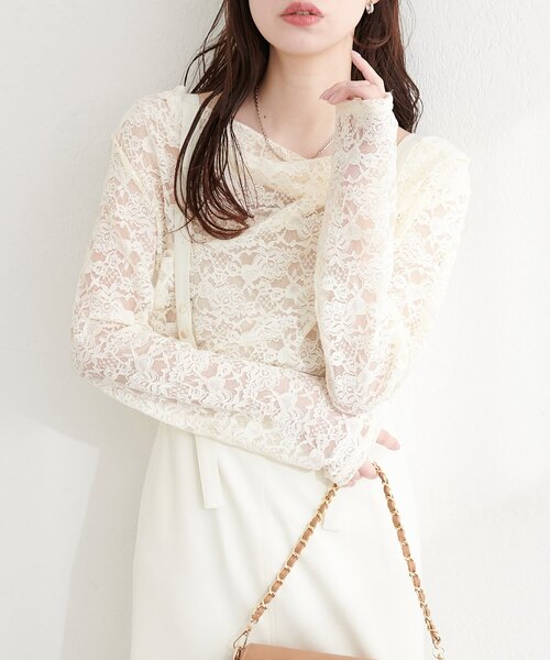 natural couture（ナチュラルクチュール）の「ドレープレースプルオーバー（Tシャツ/カットソー・レディース・チャコールグレー/オフホワイト/ブラック・FREE）」の7枚目の写真