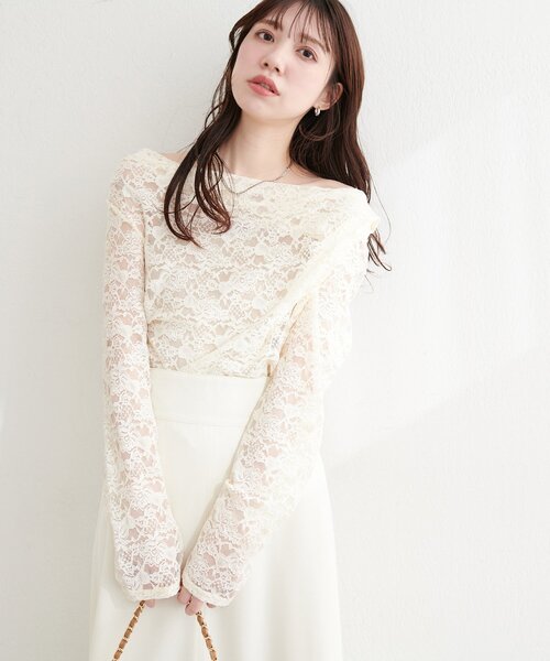 natural couture（ナチュラルクチュール）の「ドレープレースプルオーバー（Tシャツ/カットソー・レディース・チャコールグレー/オフホワイト/ブラック・FREE）」の10枚目の写真