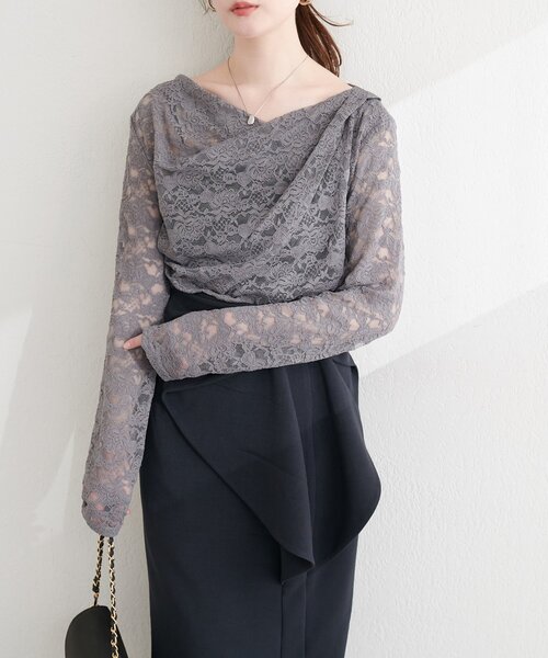 natural couture（ナチュラルクチュール）の「ドレープレースプルオーバー（Tシャツ/カットソー・レディース・チャコールグレー/オフホワイト/ブラック・FREE）」の13枚目の写真