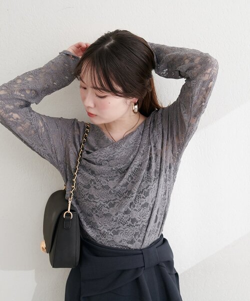 natural couture（ナチュラルクチュール）の「ドレープレースプルオーバー（Tシャツ/カットソー・レディース・チャコールグレー/オフホワイト/ブラック・FREE）」の14枚目の写真