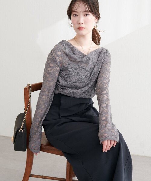 natural couture（ナチュラルクチュール）の「ドレープレースプルオーバー（Tシャツ/カットソー・レディース・チャコールグレー/オフホワイト/ブラック・FREE）」の15枚目の写真