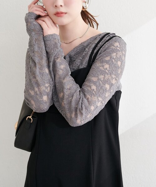 natural couture（ナチュラルクチュール）の「ドレープレースプルオーバー（Tシャツ/カットソー・レディース・チャコールグレー/オフホワイト/ブラック・FREE）」の17枚目の写真