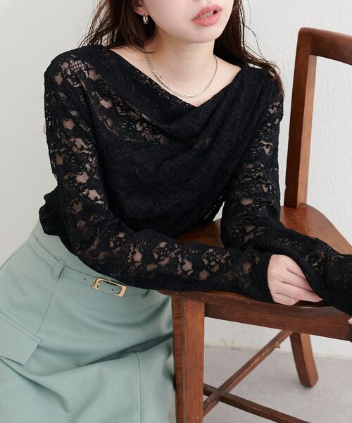 natural couture（ナチュラルクチュール）の「ドレープレースプルオーバー（Tシャツ/カットソー・レディース・チャコールグレー/オフホワイト/ブラック・FREE）」の21枚目の写真