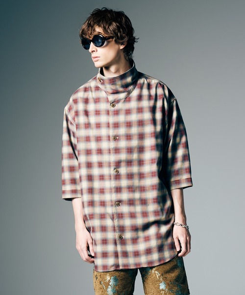 glamb(グラム)の「Stand Collar Check Shirt / スタンドカラーチェックシャツ(シャツ/ブラウス・メンズ・ブラウン/ネイビー・S/M/L)」の5枚目の写真