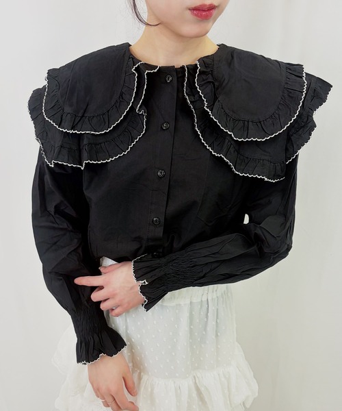 frunco(フランコ)の「【ZOZOTOWN限定】パイピングダブルカラーブラウス(シャツ/ブラウス・レディース・ホワイト/ブルー/アイボリー/ブラック・FREE)」の3枚目の写真