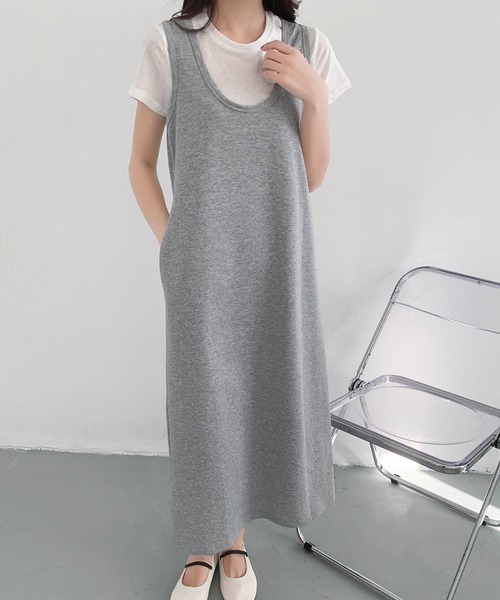 LOWO(ロワ)の「半袖インナーTシャツ Uネックジャンパースカート 2点セット(ワンピース・レディース・グレー/ブラック・FREE)」の1枚目の写真