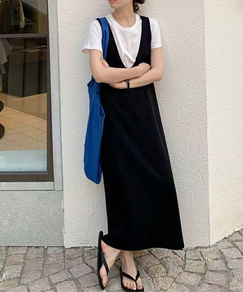 LOWO(ロワ)の「半袖インナーTシャツ Uネックジャンパースカート 2点セット(ワンピース・レディース・グレー/ブラック・FREE)」の2枚目の写真