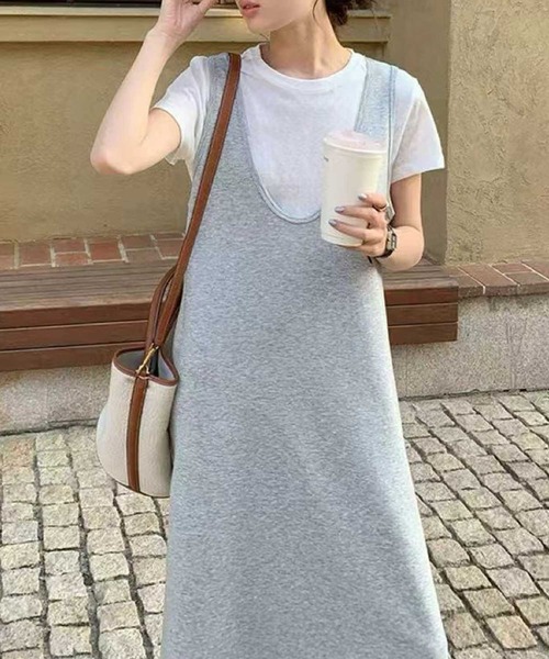 LOWO(ロワ)の「半袖インナーTシャツ Uネックジャンパースカート 2点セット(ワンピース・レディース・グレー/ブラック・FREE)」の3枚目の写真