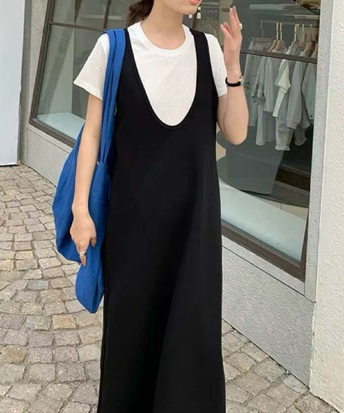 LOWO(ロワ)の「半袖インナーTシャツ Uネックジャンパースカート 2点セット(ワンピース・レディース・グレー/ブラック・FREE)」の4枚目の写真