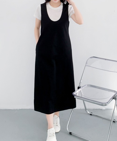 LOWO(ロワ)の「半袖インナーTシャツ Uネックジャンパースカート 2点セット(ワンピース・レディース・グレー/ブラック・FREE)」の5枚目の写真