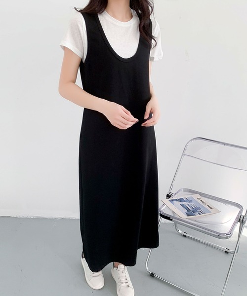 LOWO(ロワ)の「半袖インナーTシャツ Uネックジャンパースカート 2点セット(ワンピース・レディース・グレー/ブラック・FREE)」の6枚目の写真