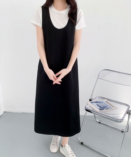 LOWO(ロワ)の「半袖インナーTシャツ Uネックジャンパースカート 2点セット(ワンピース・レディース・グレー/ブラック・FREE)」の7枚目の写真