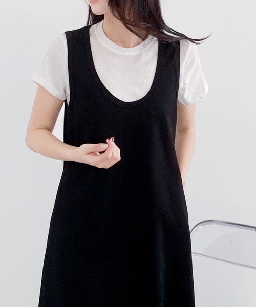 LOWO(ロワ)の「半袖インナーTシャツ Uネックジャンパースカート 2点セット(ワンピース・レディース・グレー/ブラック・FREE)」の8枚目の写真