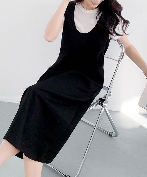 LOWO(ロワ)の「半袖インナーTシャツ Uネックジャンパースカート 2点セット(ワンピース・レディース・グレー/ブラック・FREE)」の9枚目の写真