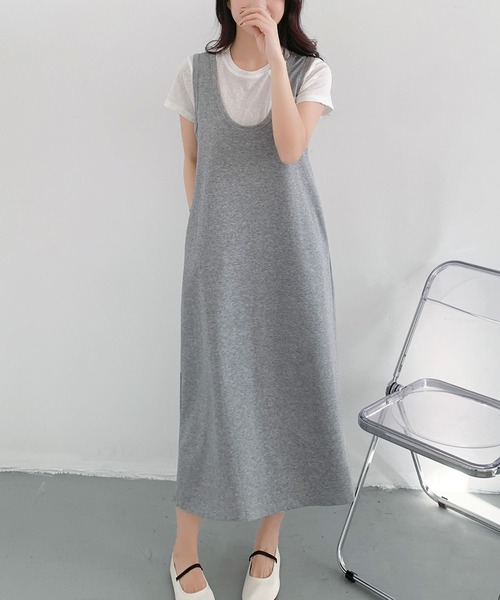 LOWO(ロワ)の「半袖インナーTシャツ Uネックジャンパースカート 2点セット(ワンピース・レディース・グレー/ブラック・FREE)」の10枚目の写真