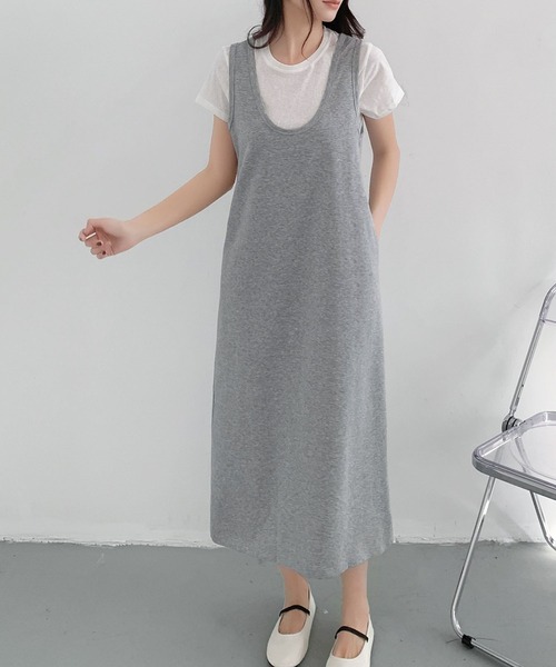 LOWO(ロワ)の「半袖インナーTシャツ Uネックジャンパースカート 2点セット(ワンピース・レディース・グレー/ブラック・FREE)」の11枚目の写真