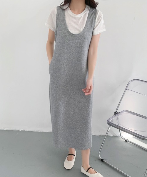 LOWO(ロワ)の「半袖インナーTシャツ Uネックジャンパースカート 2点セット(ワンピース・レディース・グレー/ブラック・FREE)」の12枚目の写真