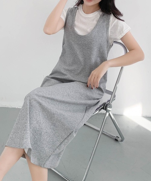 LOWO(ロワ)の「半袖インナーTシャツ Uネックジャンパースカート 2点セット(ワンピース・レディース・グレー/ブラック・FREE)」の13枚目の写真