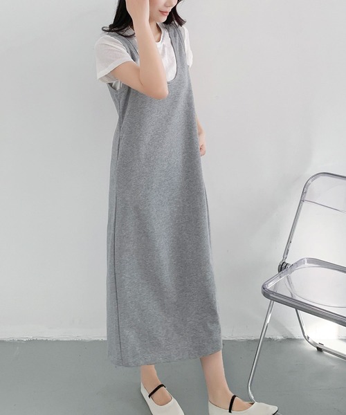 LOWO(ロワ)の「半袖インナーTシャツ Uネックジャンパースカート 2点セット(ワンピース・レディース・グレー/ブラック・FREE)」の14枚目の写真