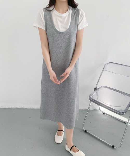 LOWO(ロワ)の「半袖インナーTシャツ Uネックジャンパースカート 2点セット(ワンピース・レディース・グレー/ブラック・FREE)」の15枚目の写真