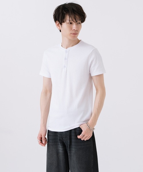 スパンテレコ ヘンリーネック 無地 半袖 Tシャツ（Tシャツ/カットソー