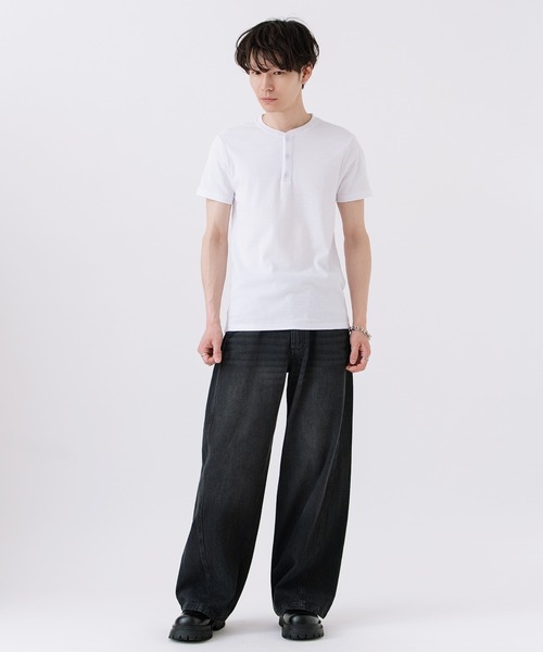 スパンテレコ ヘンリーネック 無地 半袖 Tシャツ（Tシャツ/カットソー