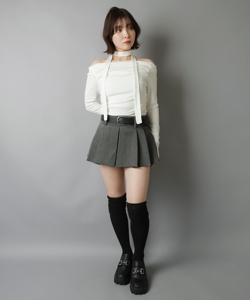 SPINNS（スピンズ）の「プリーツミニスカート/ベルト付き/インナーパンツ付き（スカート・レディース・グレー/ブラック・ONESIZE）」の6枚目の写真