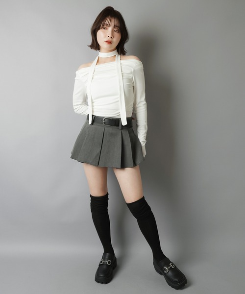 SPINNS（スピンズ）の「プリーツミニスカート/ベルト付き/インナーパンツ付き（スカート・レディース・グレー/ブラック・ONESIZE）」の7枚目の写真