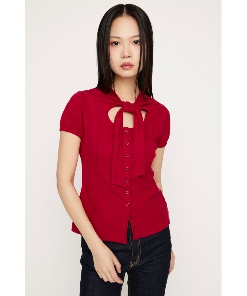 SLY(スライ)の「FRONT BUTTON TIE TOPS フロントボタンタイトップス 春服(Tシャツ/カットソー・レディース・ブラック/ホワイト/レッド/グレー・FREE)」の22枚目の写真