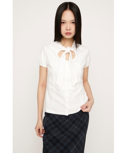 SLY(スライ)の「FRONT BUTTON TIE TOPS フロントボタンタイトップス 春服(Tシャツ/カットソー・レディース・ブラック/ホワイト/レッド/グレー・FREE)」の5枚目の写真