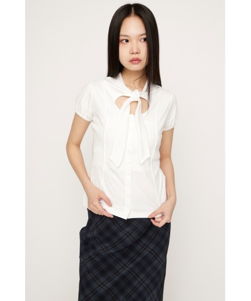 SLY(スライ)の「FRONT BUTTON TIE TOPS フロントボタンタイトップス 春服(Tシャツ/カットソー・レディース・ブラック/ホワイト/レッド/グレー・FREE)」の7枚目の写真