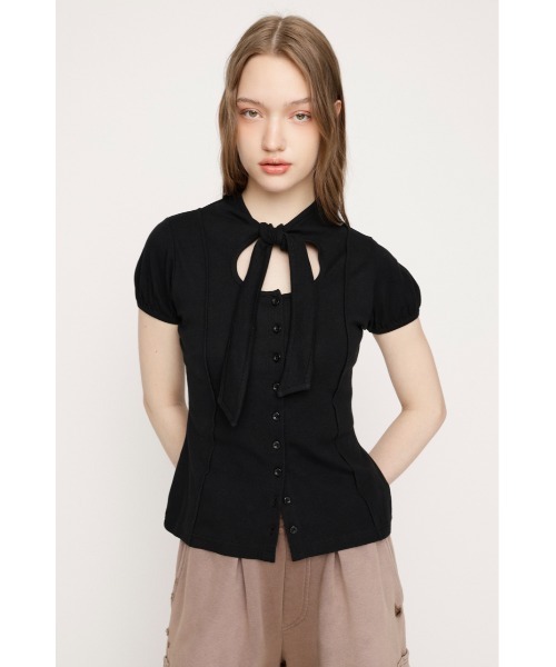 SLY(スライ)の「FRONT BUTTON TIE TOPS フロントボタンタイトップス 春服(Tシャツ/カットソー・レディース・ブラック/ホワイト/レッド/グレー・FREE)」の9枚目の写真