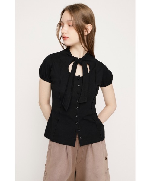 SLY(スライ)の「FRONT BUTTON TIE TOPS フロントボタンタイトップス 春服(Tシャツ/カットソー・レディース・ブラック/ホワイト/レッド/グレー・FREE)」の11枚目の写真
