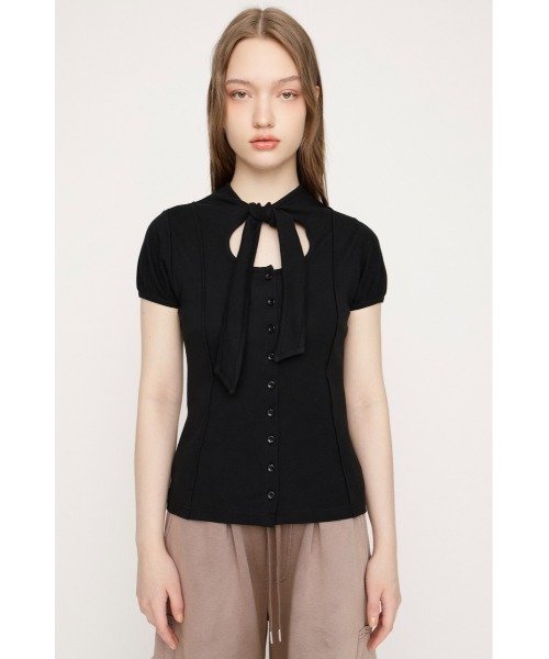 SLY(スライ)の「FRONT BUTTON TIE TOPS フロントボタンタイトップス 春服(Tシャツ/カットソー・レディース・ブラック/ホワイト/レッド/グレー・FREE)」の12枚目の写真