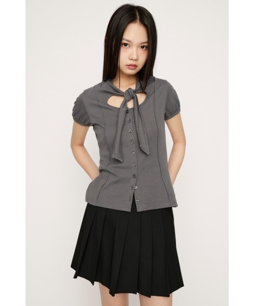 SLY(スライ)の「FRONT BUTTON TIE TOPS フロントボタンタイトップス 春服(Tシャツ/カットソー・レディース・ブラック/ホワイト/レッド/グレー・FREE)」の13枚目の写真